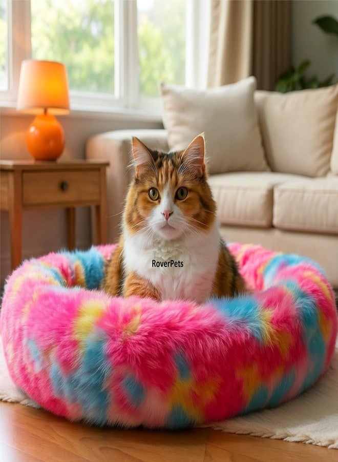 RoverPets Cat Bed | Small Size Bed | Length 19 Inches, Width 19 Inches, Height 5 Inches | Soft Fluffy Donut Cuddler | Cozy Plush Anti-Anxiety Cushion for Comfortable Sleep - Image 1